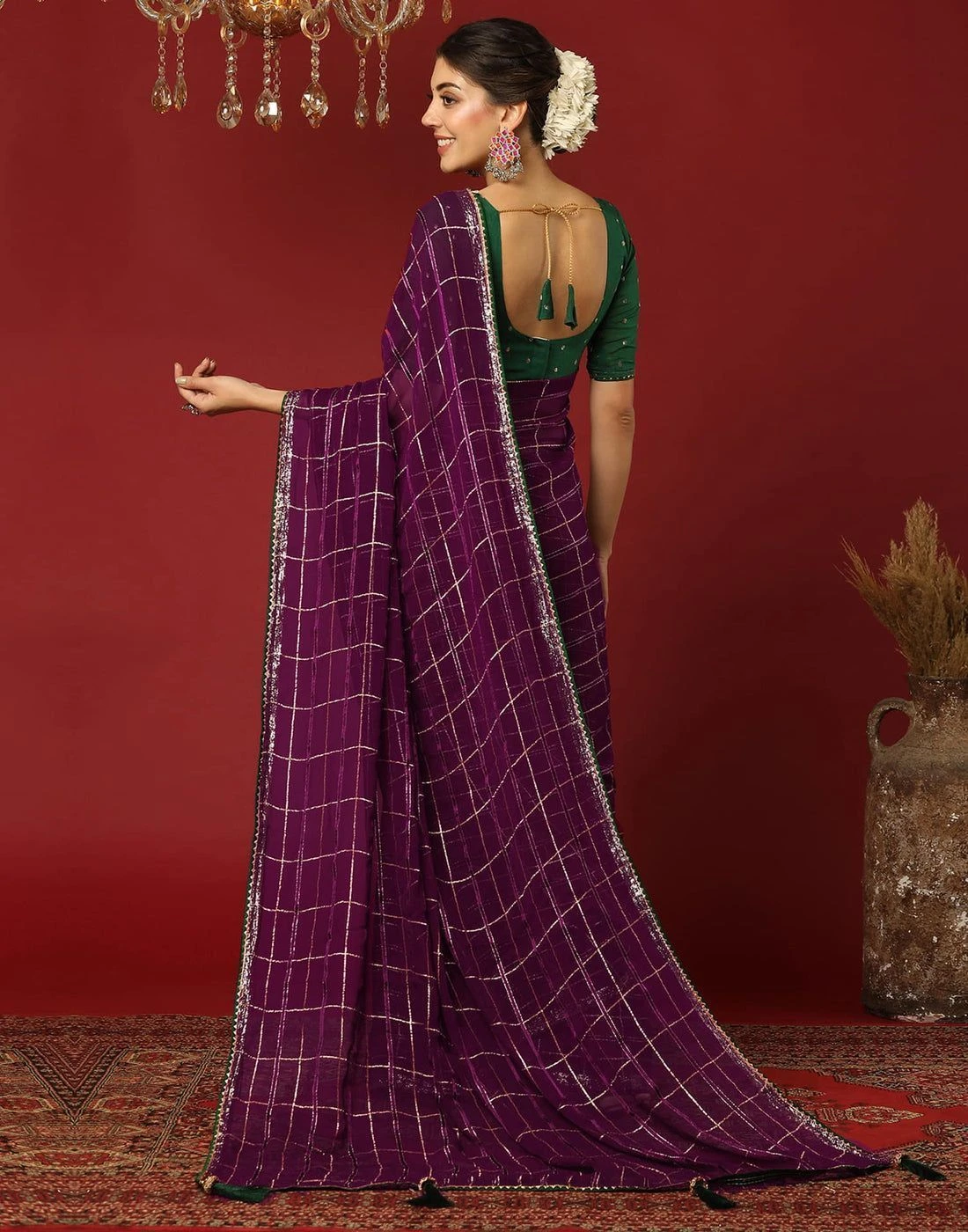 Tryloom Dark Purple Georgette Woven Zari Stripe Saree 4