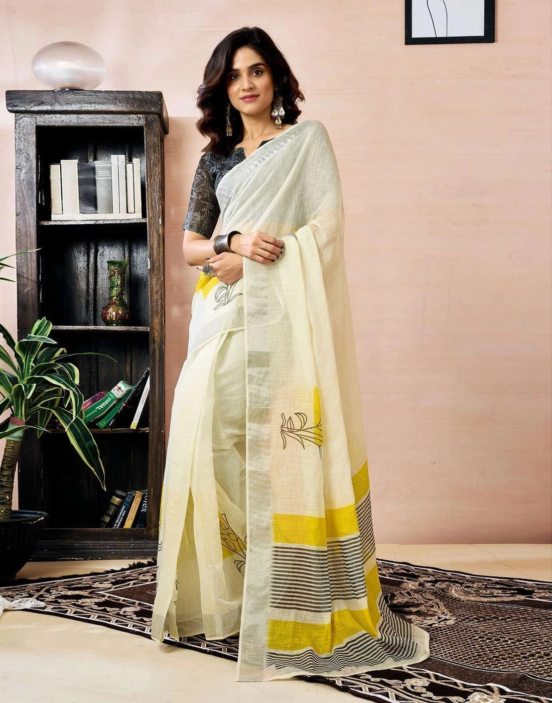 Tryloom Ready to Wear White Linen Floral Printed Saree 1