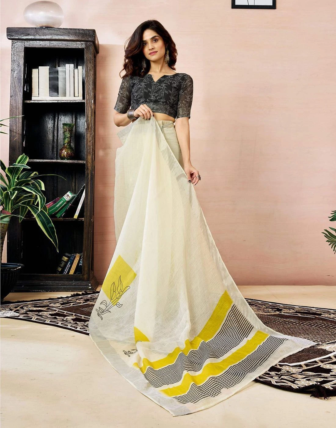 Tryloom Ready to Wear White Linen Floral Printed Saree 6