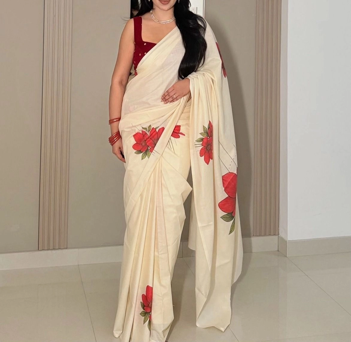 Trending Tryloom Red Blossom Pure Cotton Digital Printed Saree 3