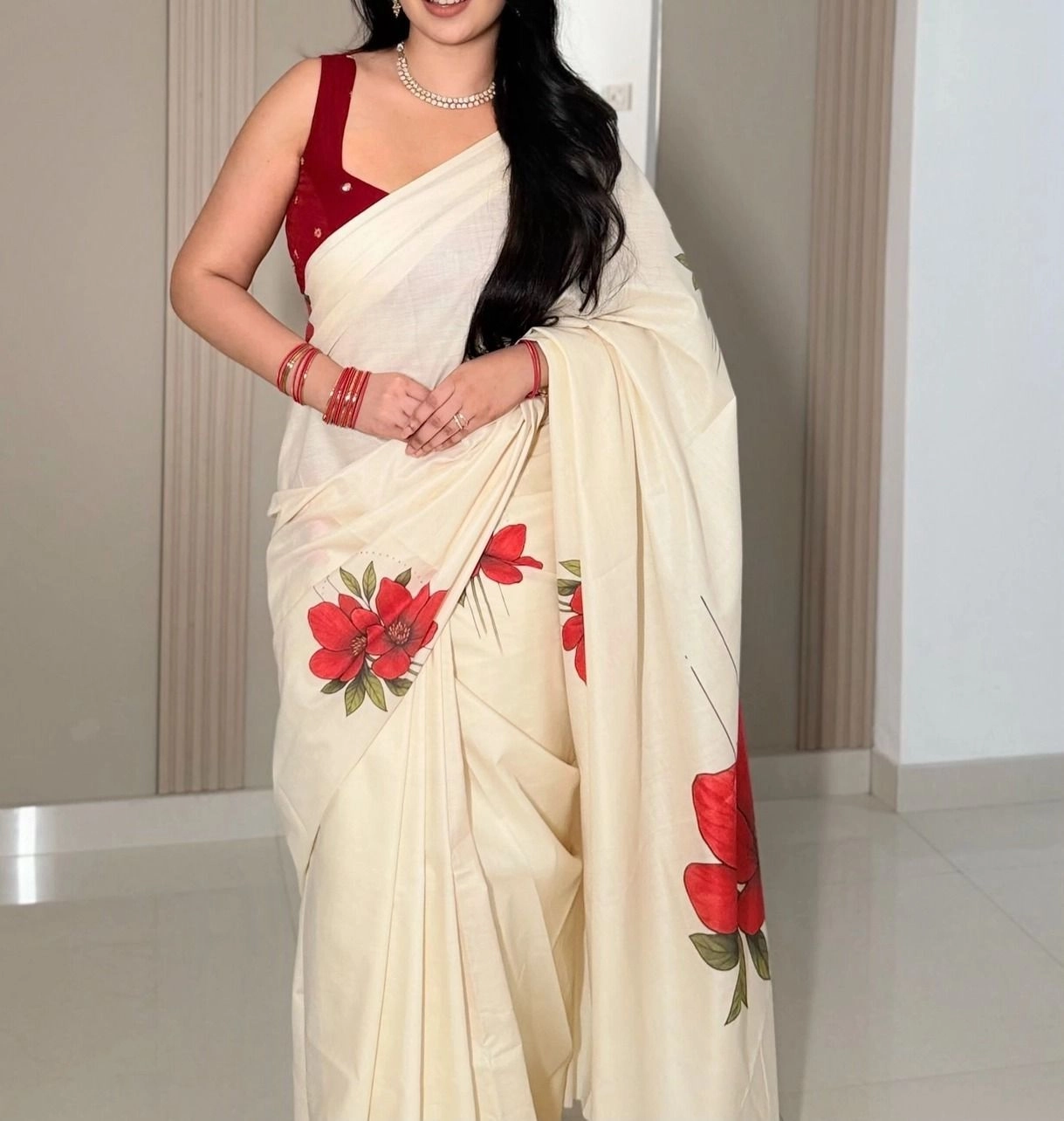 Trending Tryloom Red Blossom Pure Cotton Digital Printed Saree 2