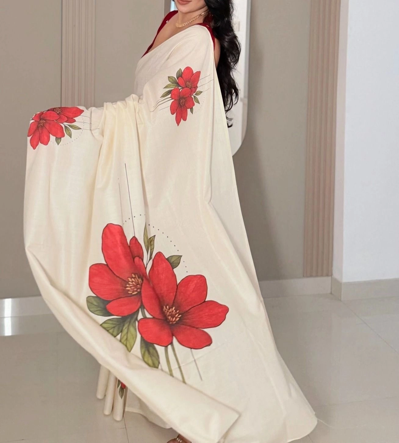 Trending Tryloom Red Blossom Pure Cotton Digital Printed Saree 1