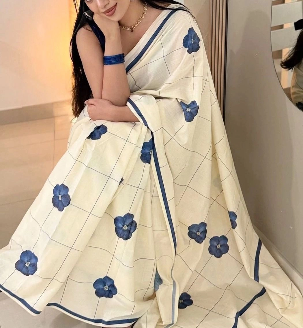 Tryloom Indigo bloom checks Pure cotton digital printed 2