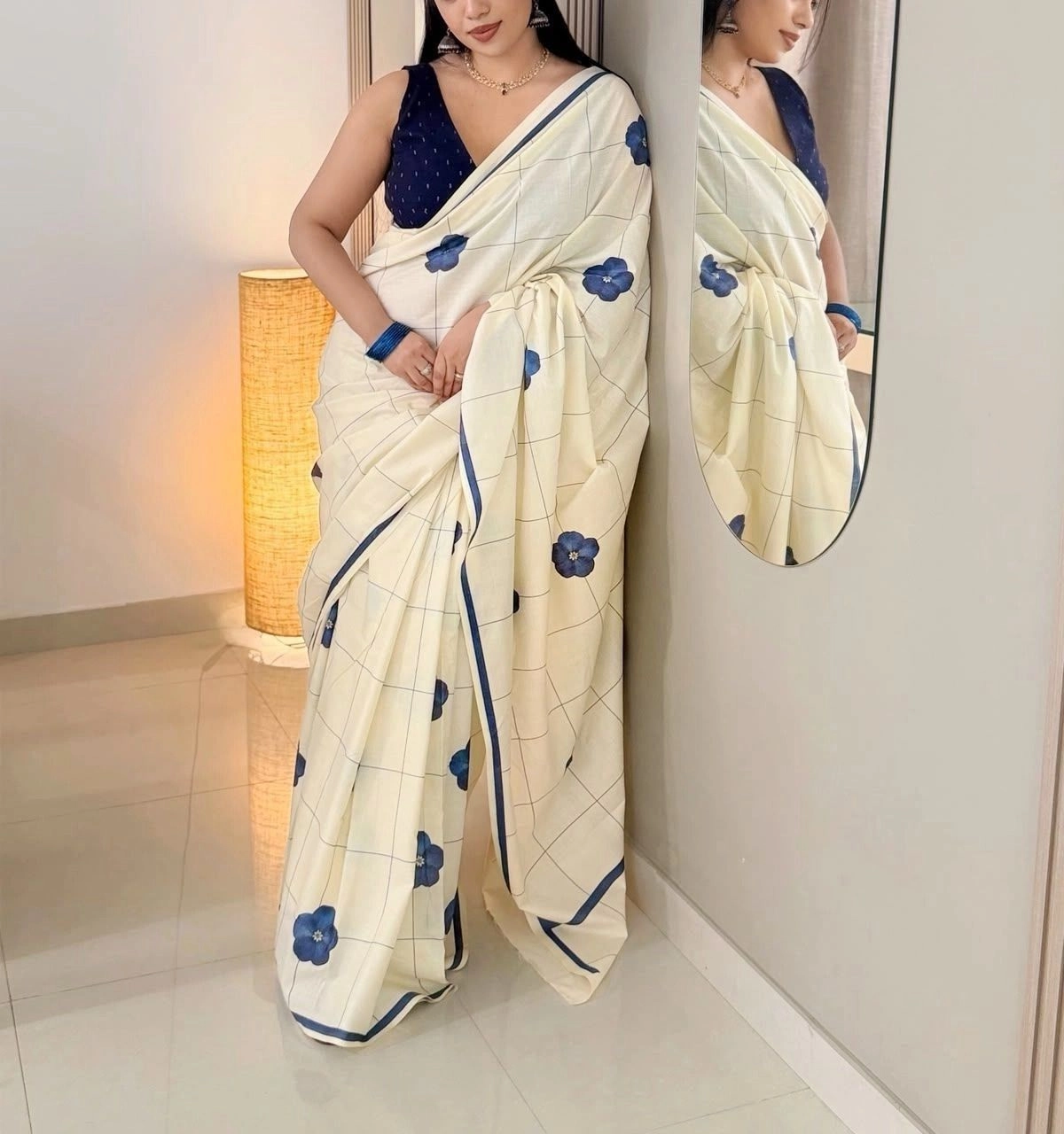 Tryloom Indigo bloom checks Pure cotton digital printed 3
