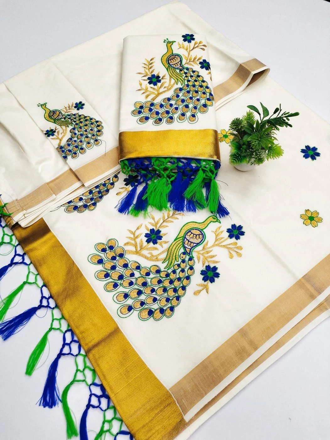 Tryloom Royal Peacock Elegance Kasavu Pure Cotton Saree | Premium Embroidered Kerala Festive Saree