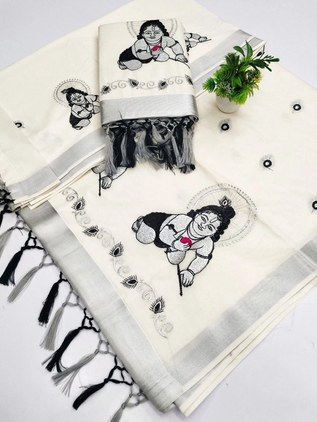 Tryloom Divine Balakrishna Silver Kasavu Pure Cotton Saree | Premium Embroidered Kerala Traditional Saree