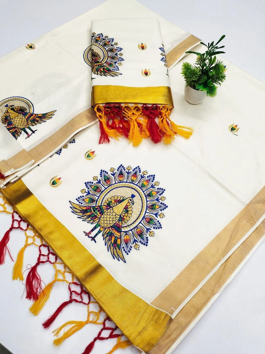 Tryloom Royal Peacock Aura Kasavu Pure Cotton Saree | Premium Embroidered Kerala Traditional Saree | Elegant Festive Collection 1