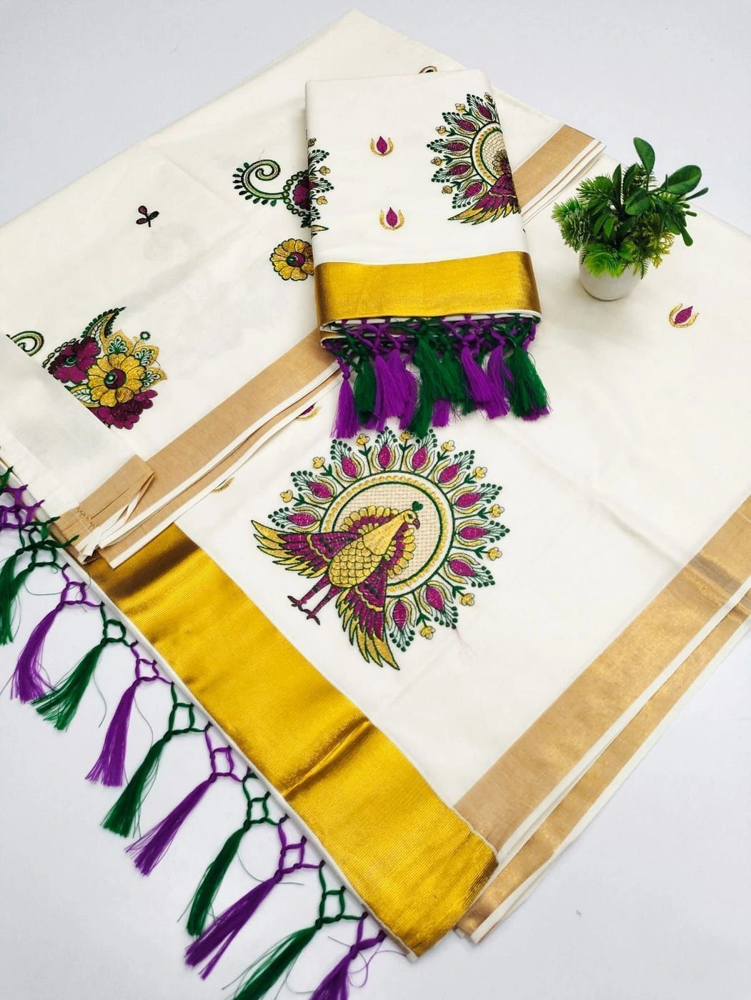 Tryloom Royal Peacock Aura Kasavu Pure Cotton Saree | Premium Embroidered Kerala Traditional Saree | Elegant Festive Collection 2