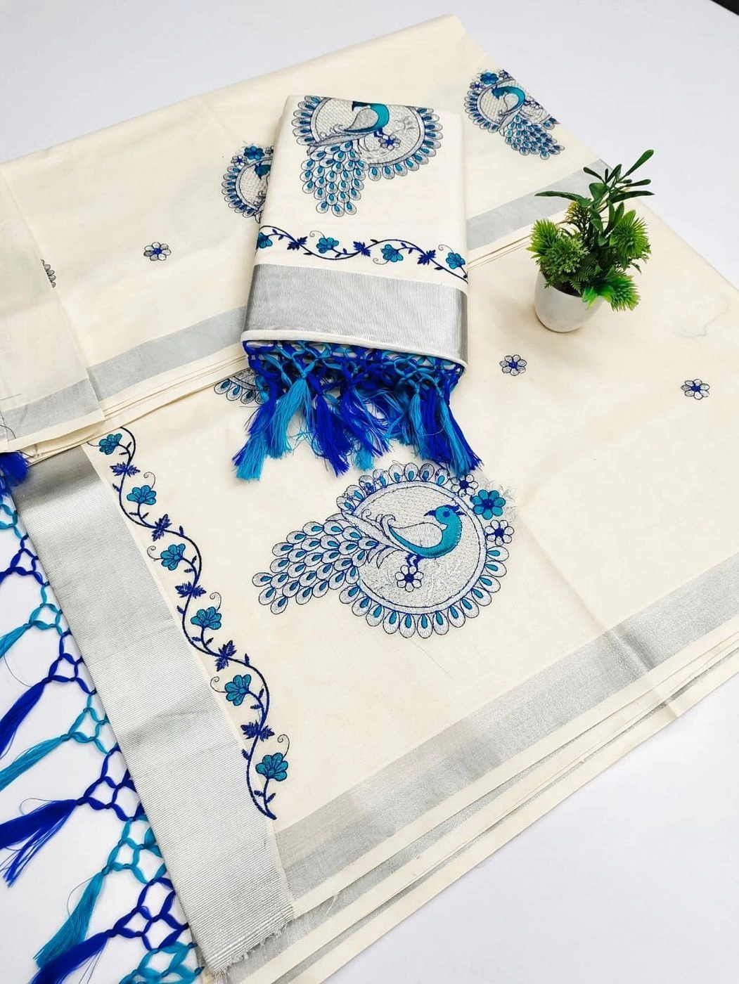 Tryloom Silver Peacock Grace Pure Cotton Saree | Premium Embroidered Silver Kasavu Saree | Elegant Kerala Traditional Festive Collection