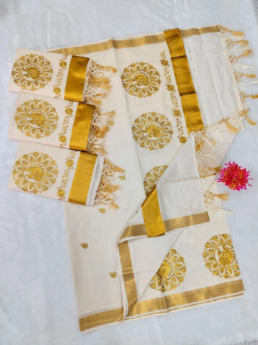 Tryloom Royal Peacock Heritage Kasavu Pure Cotton Saree | Premium Embroidered Kerala Festive Saree 2