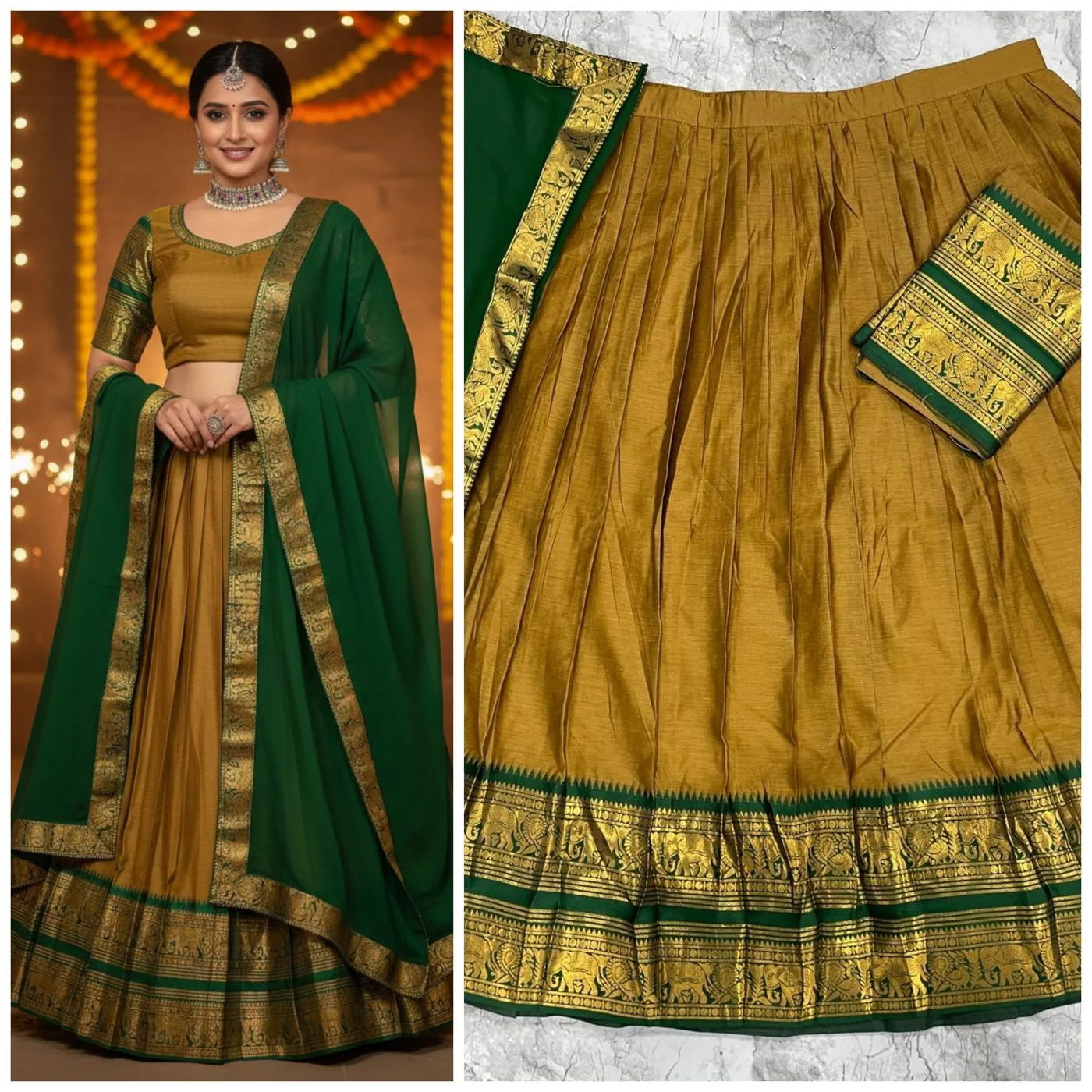 Tryloom Royal Olive Kanjivaram Silk Lehenga Set | Premium Zari Weaving Designer Wedding & Festive Ethnic Wear 1