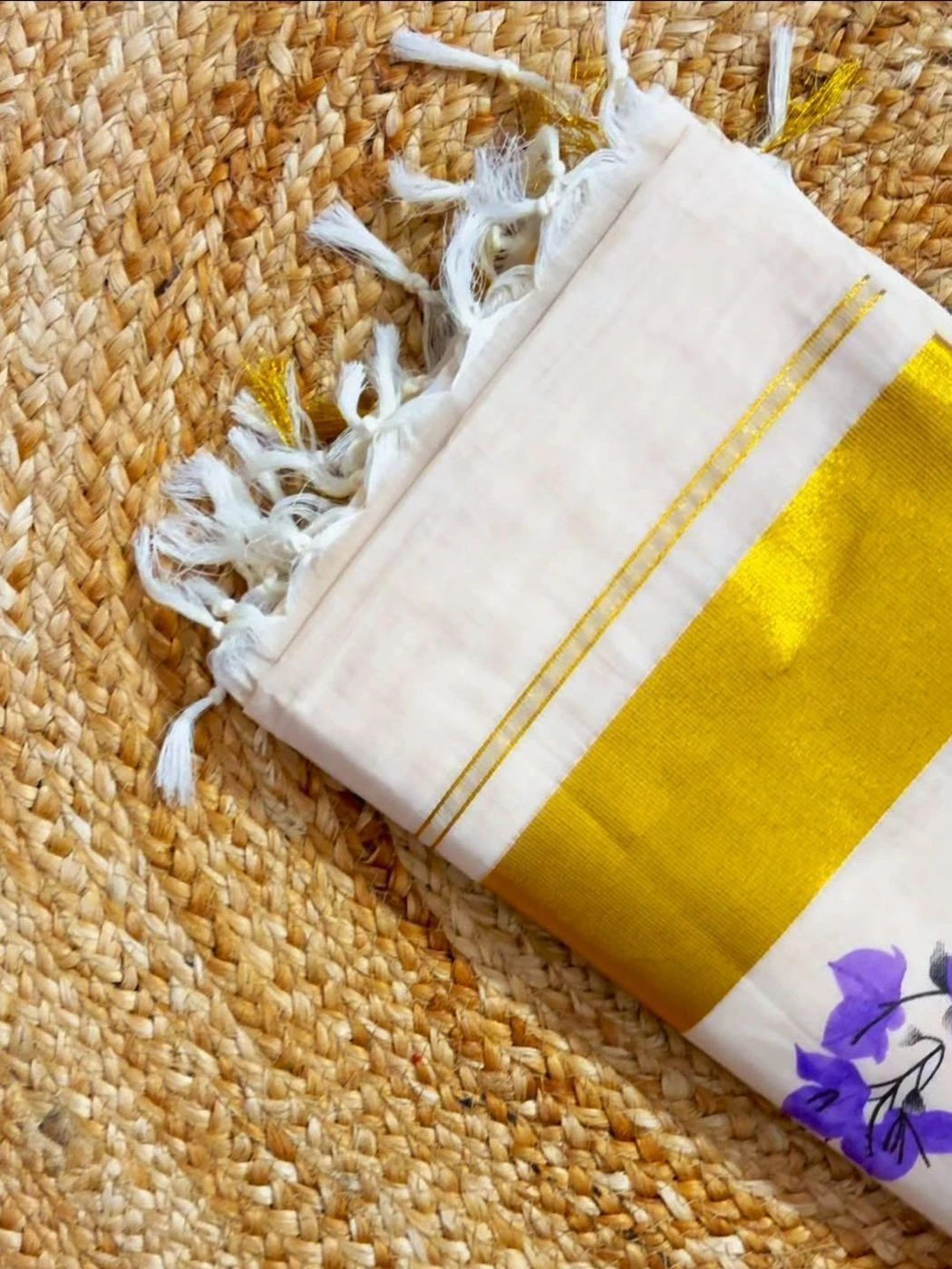 Tryloom Bougainville Premium Tussar Shade Cotton Saree – Kerala Kasavu Floral Print Cotton Saree for Women 1