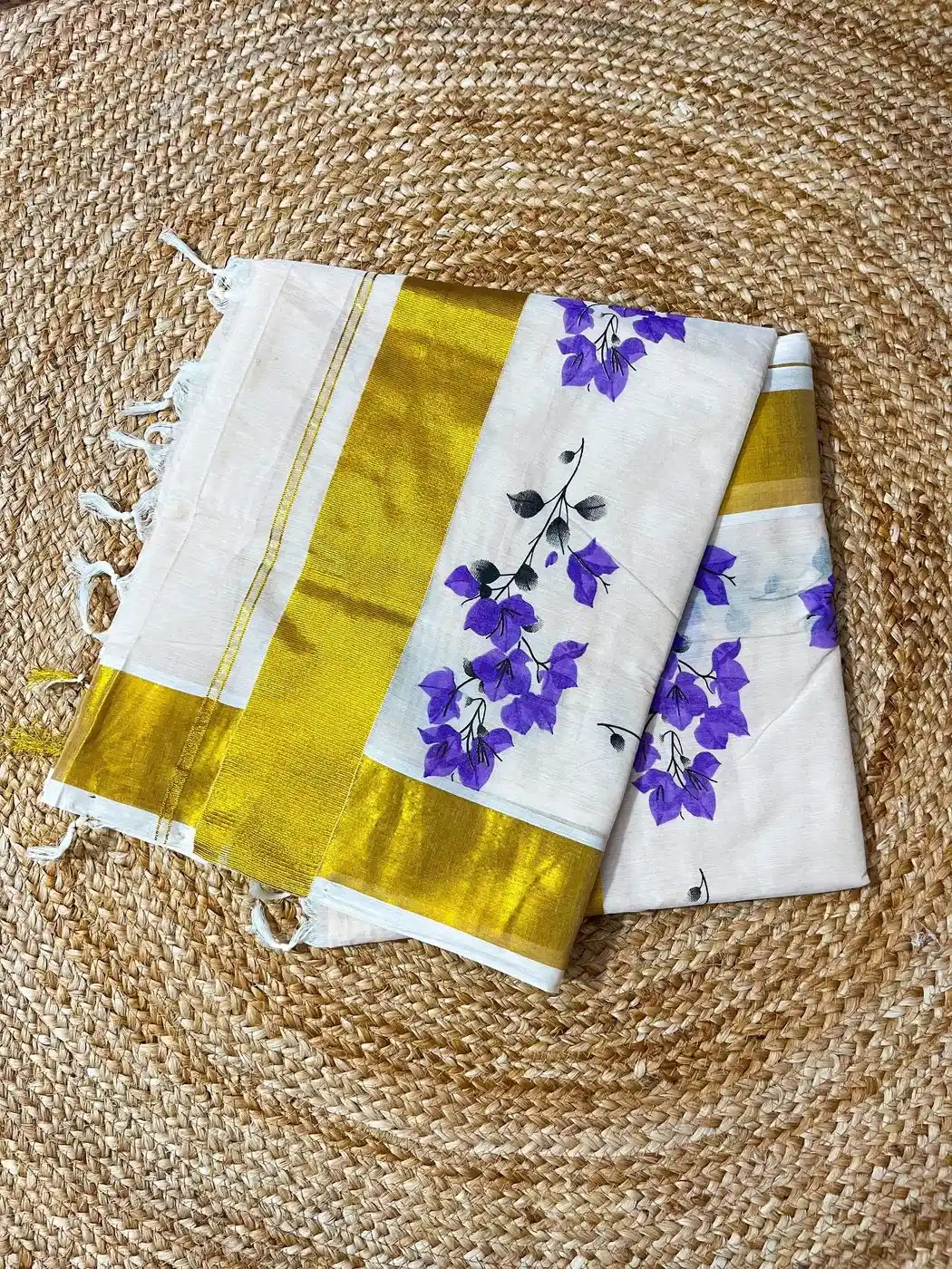 Tryloom Bougainville Premium Tussar Shade Cotton Saree – Kerala Kasavu Floral Print Cotton Saree for Women 2