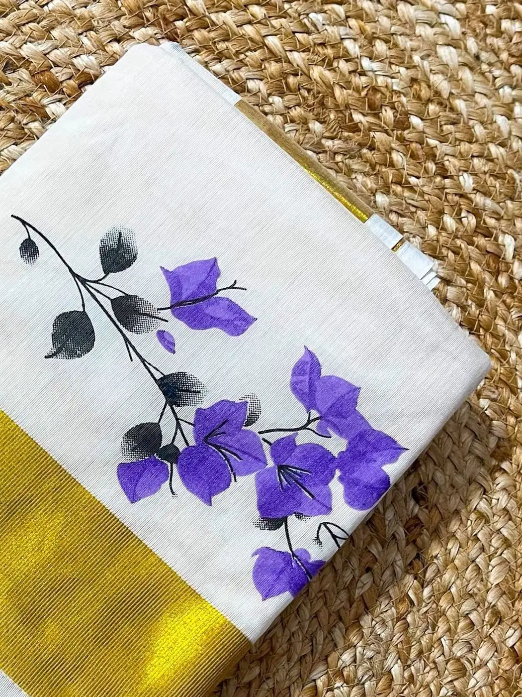 Tryloom Bougainville Premium Tussar Shade Cotton Saree – Kerala Kasavu Floral Print Cotton Saree for Women 3