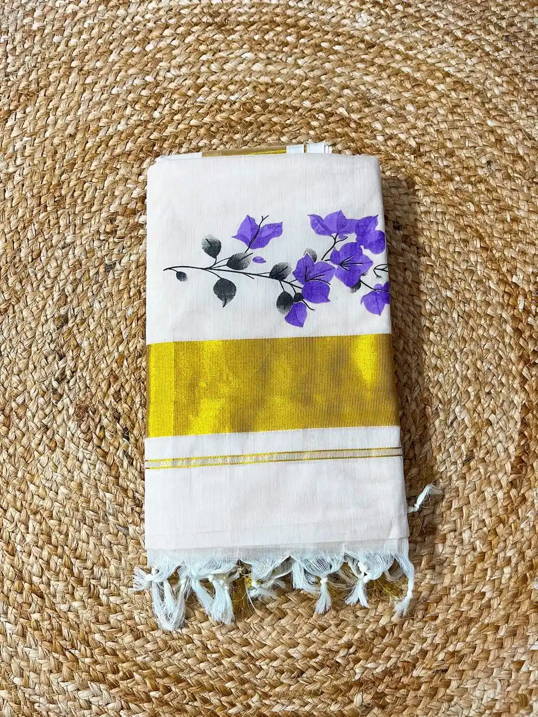 Tryloom Bougainville Premium Tussar Shade Cotton Saree – Kerala Kasavu Floral Print Cotton Saree for Women 4