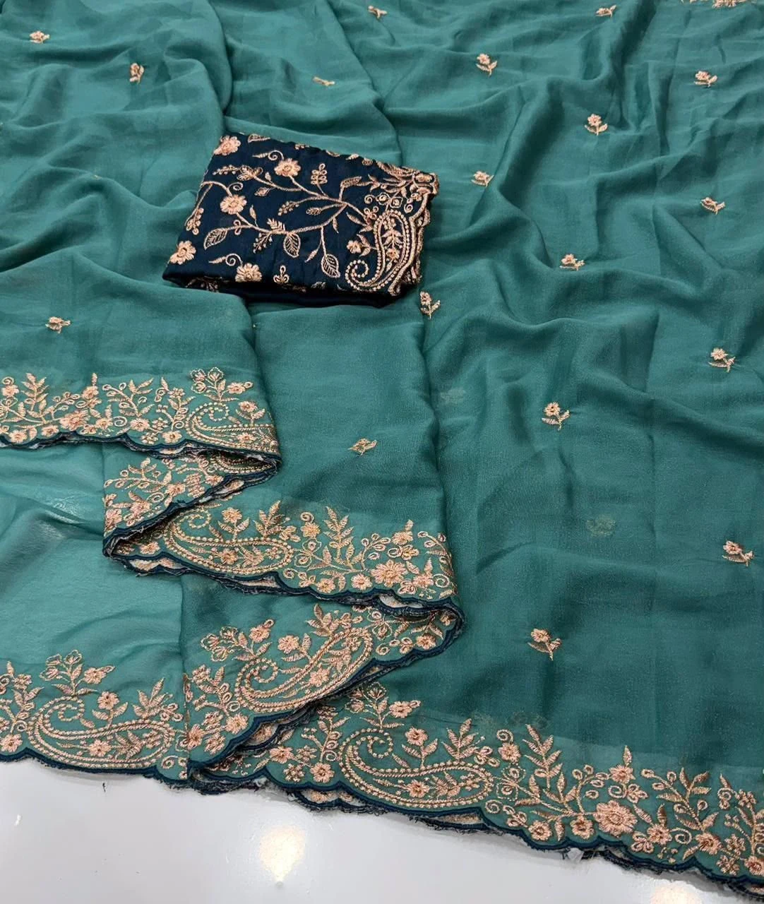 Tryloom Premium Star Georgette Embroidered Saree with Contrast Designer Blouse – Elegant Party Wear & Wedding Collection 4
