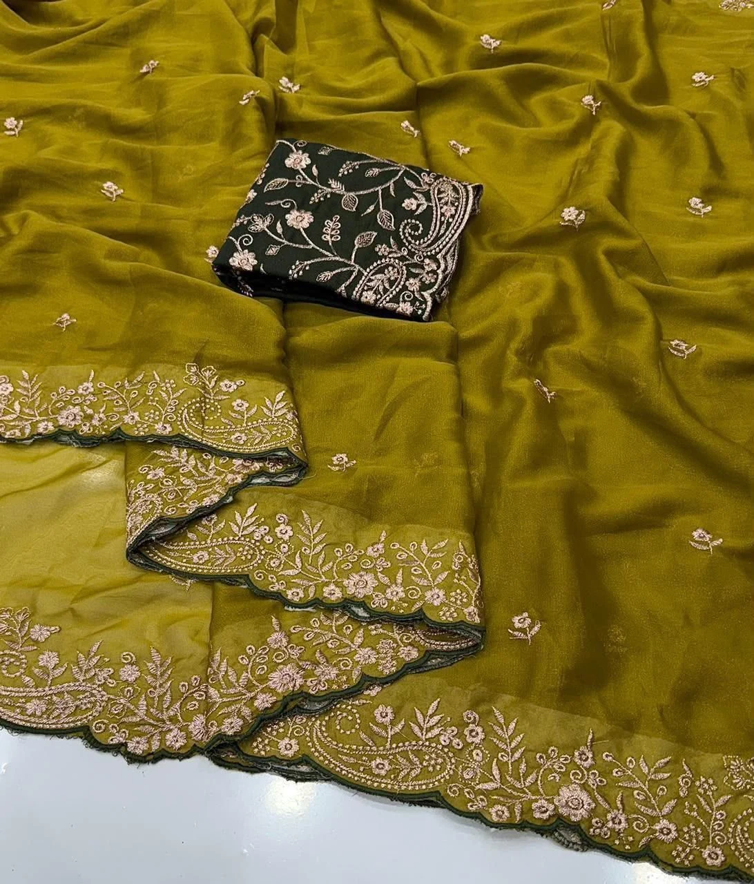 Tryloom Premium Star Georgette Embroidered Saree with Contrast Designer Blouse – Elegant Party Wear & Wedding Collection 6