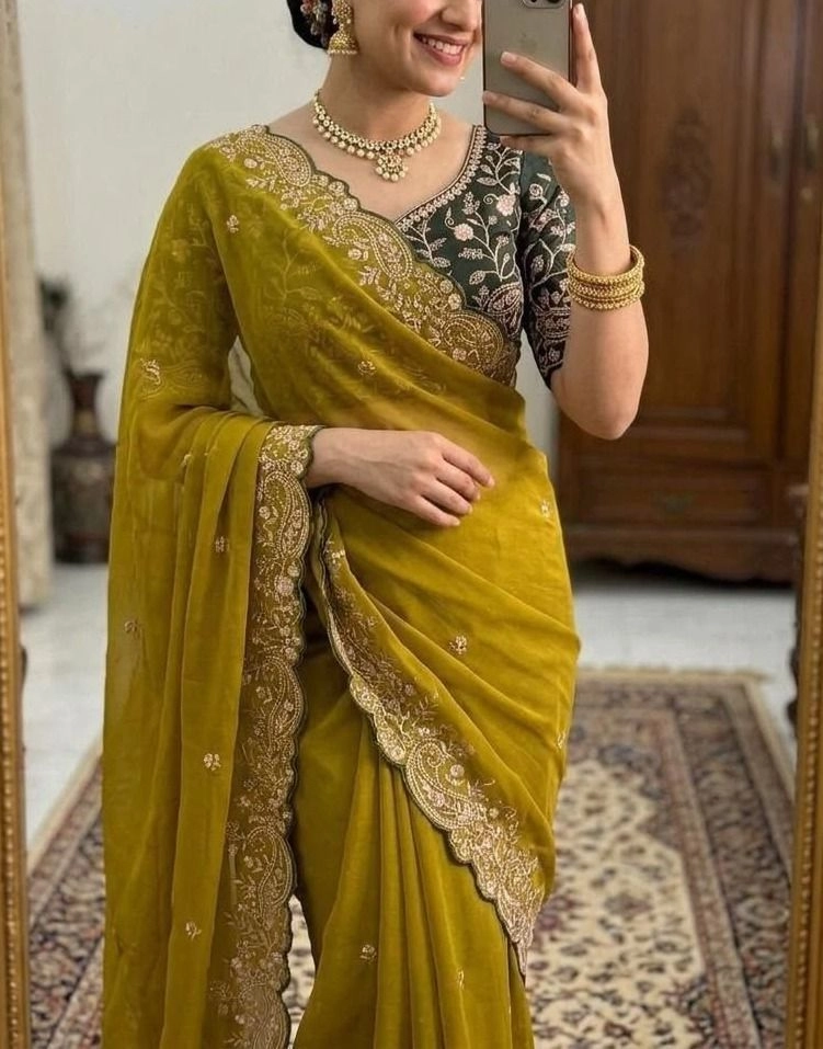 Tryloom Premium Star Georgette Embroidered Saree with Contrast Designer Blouse – Elegant Party Wear & Wedding Collection 7