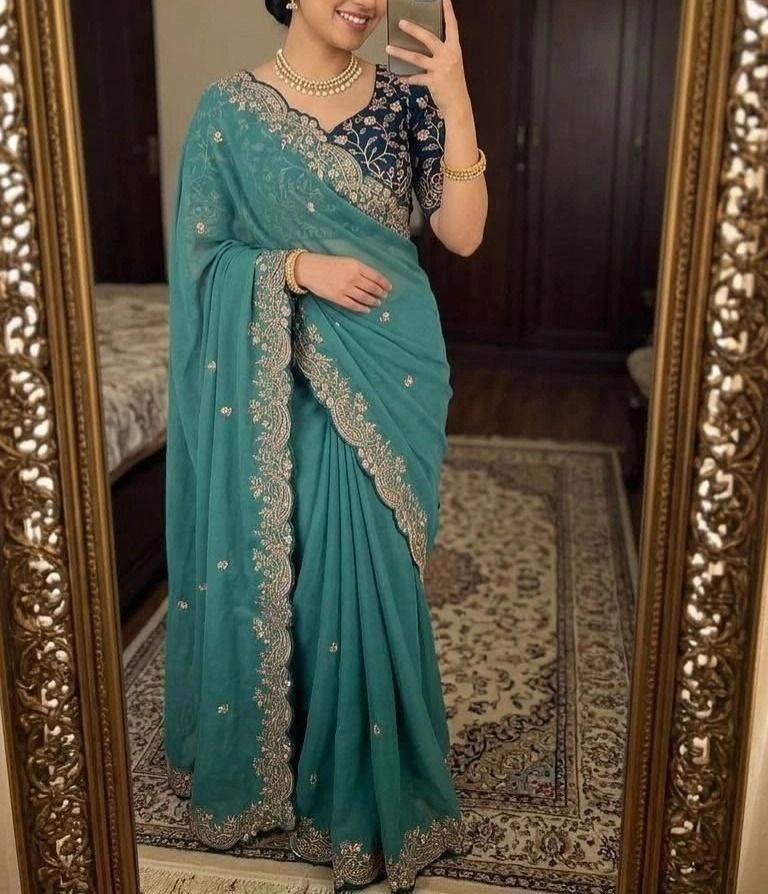 Tryloom Premium Star Georgette Embroidered Saree with Contrast Designer Blouse – Elegant Party Wear & Wedding Collection 5