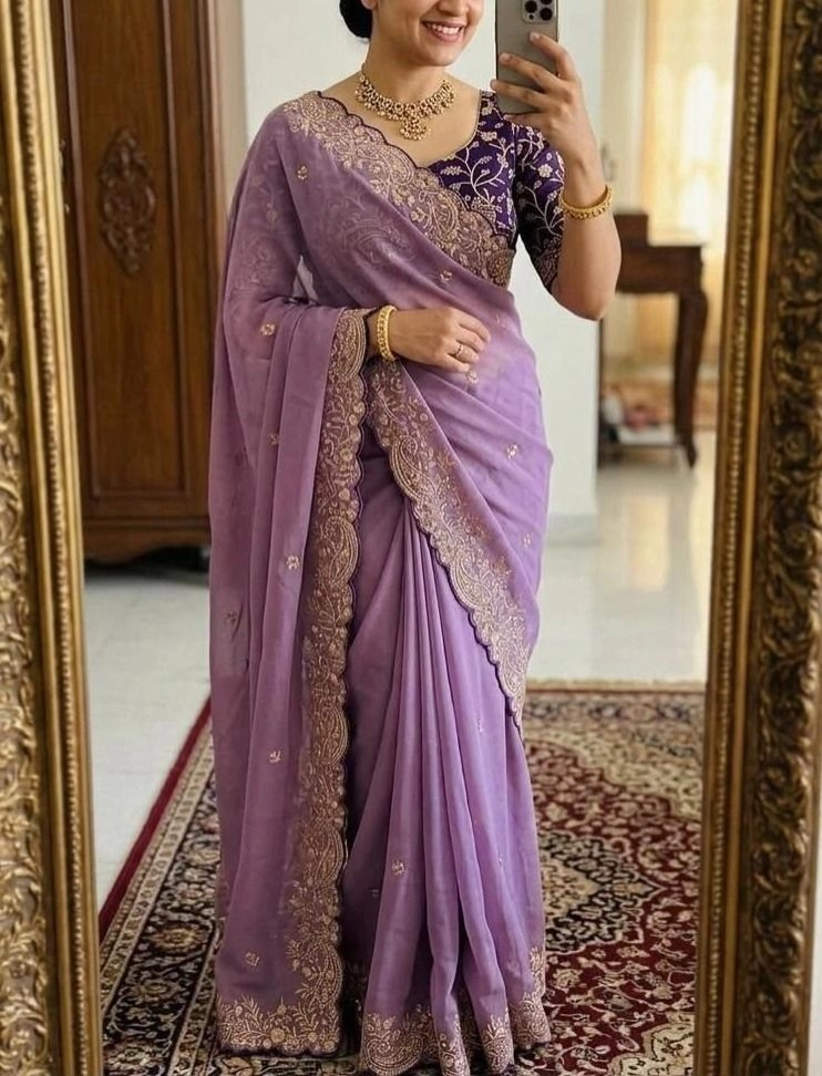 Tryloom Premium Star Georgette Embroidered Saree with Contrast Designer Blouse – Elegant Party Wear & Wedding Collection 3