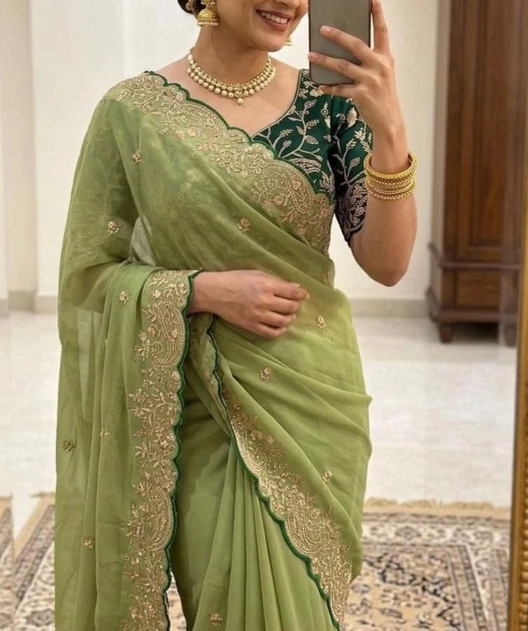 Tryloom Premium Star Georgette Embroidered Saree with Contrast Designer Blouse – Elegant Party Wear & Wedding Collection 2