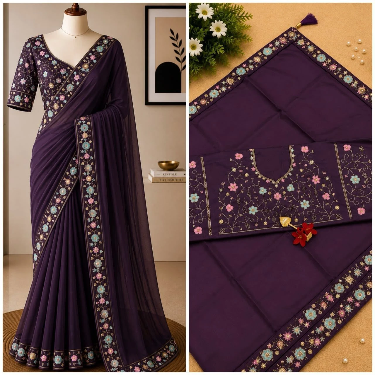 Tryloom Premium Multicolor Embroidery Party Wear Saree – Soft Designer Saree with Scallop Cut Border & Tassel Pallu 1