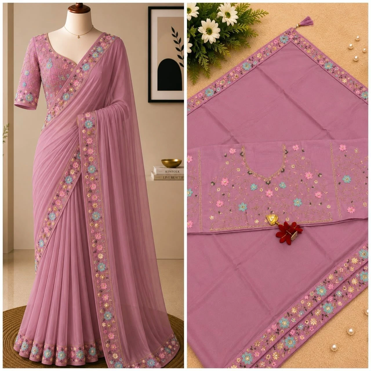 Tryloom Premium Multicolor Embroidery Party Wear Saree – Soft Designer Saree with Scallop Cut Border & Tassel Pallu 2