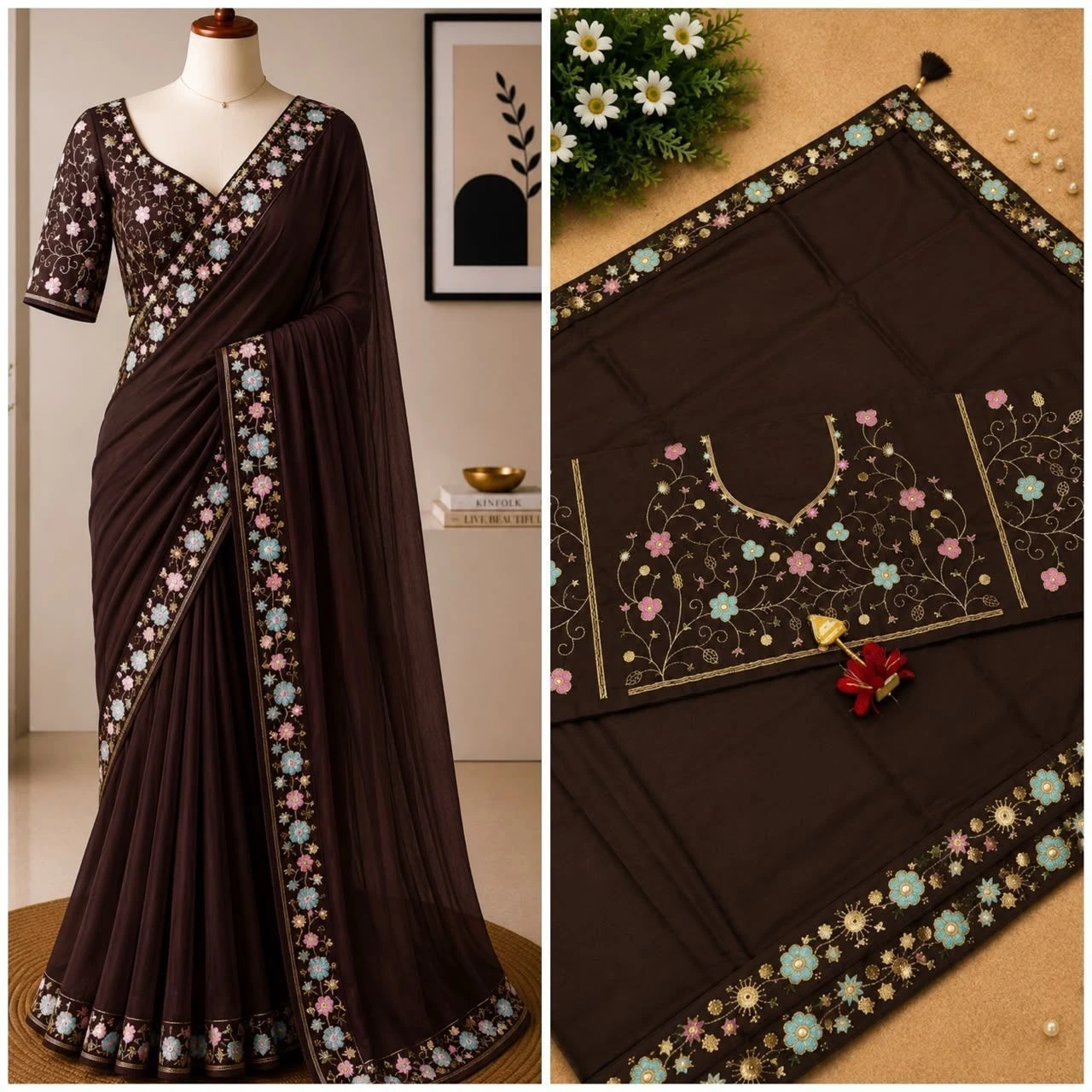 Tryloom Premium Multicolor Embroidery Party Wear Saree – Soft Designer Saree with Scallop Cut Border & Tassel Pallu 3