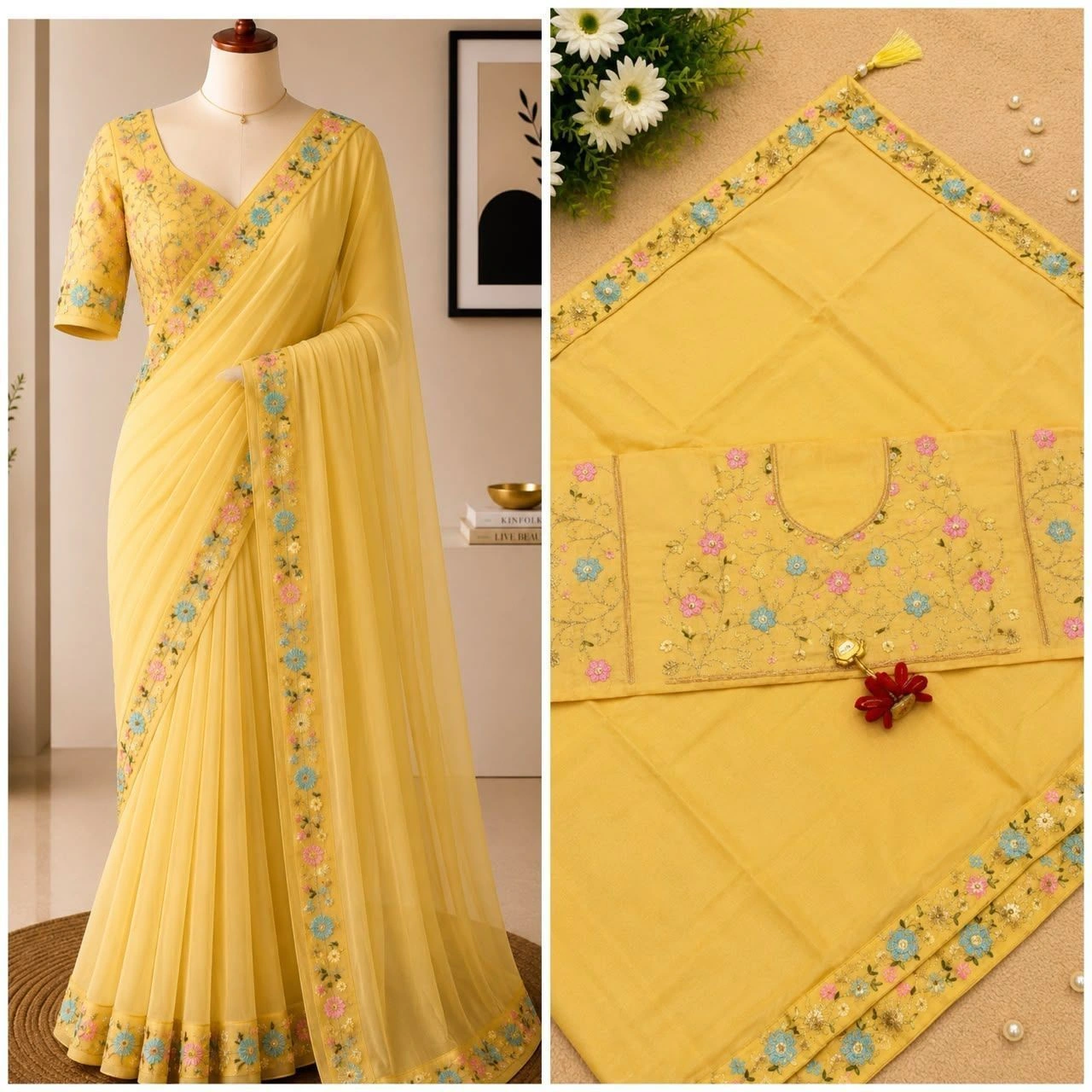 Tryloom Premium Multicolor Embroidery Party Wear Saree – Soft Designer Saree with Scallop Cut Border & Tassel Pallu 4
