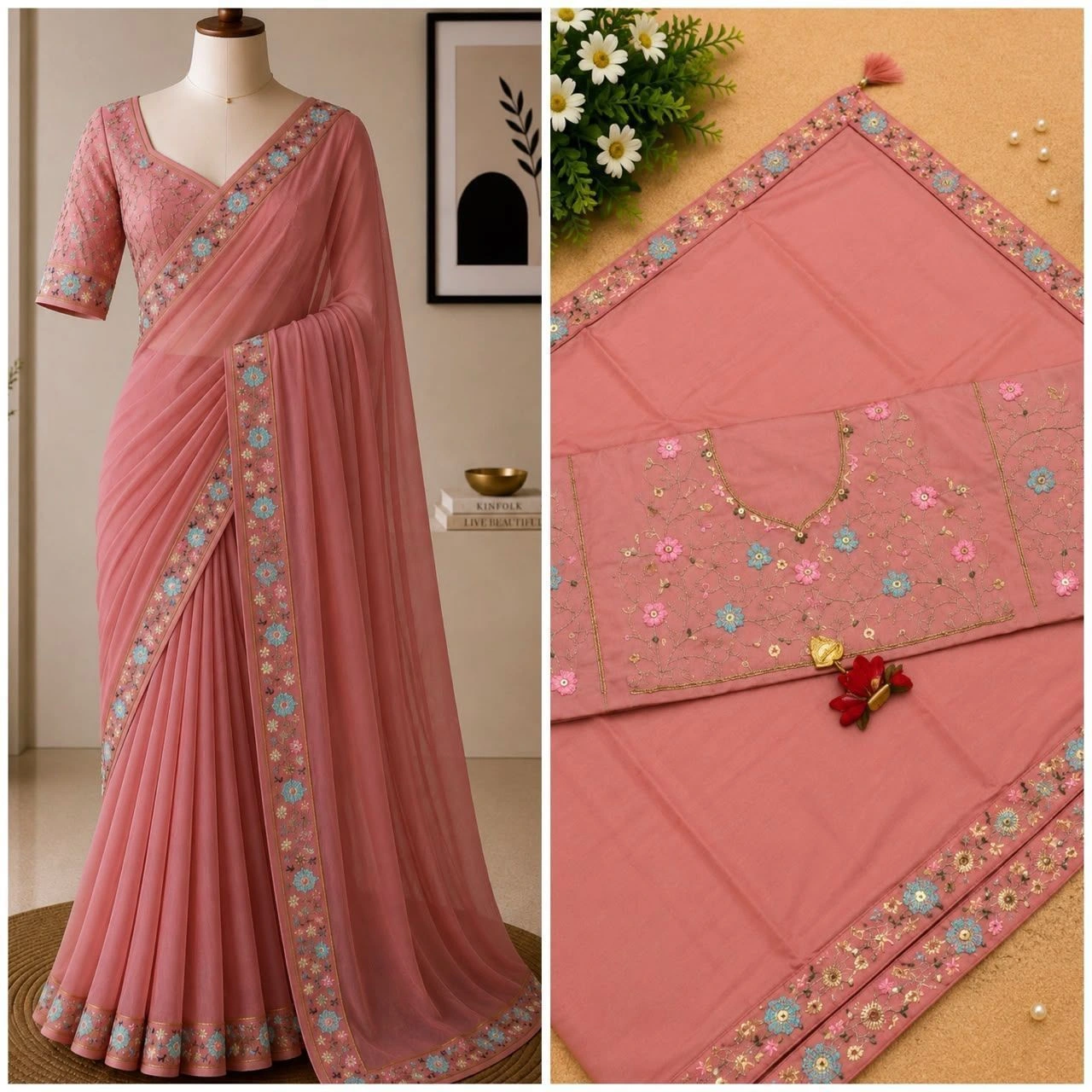 Tryloom Premium Multicolor Embroidery Party Wear Saree – Soft Designer Saree with Scallop Cut Border & Tassel Pallu 5