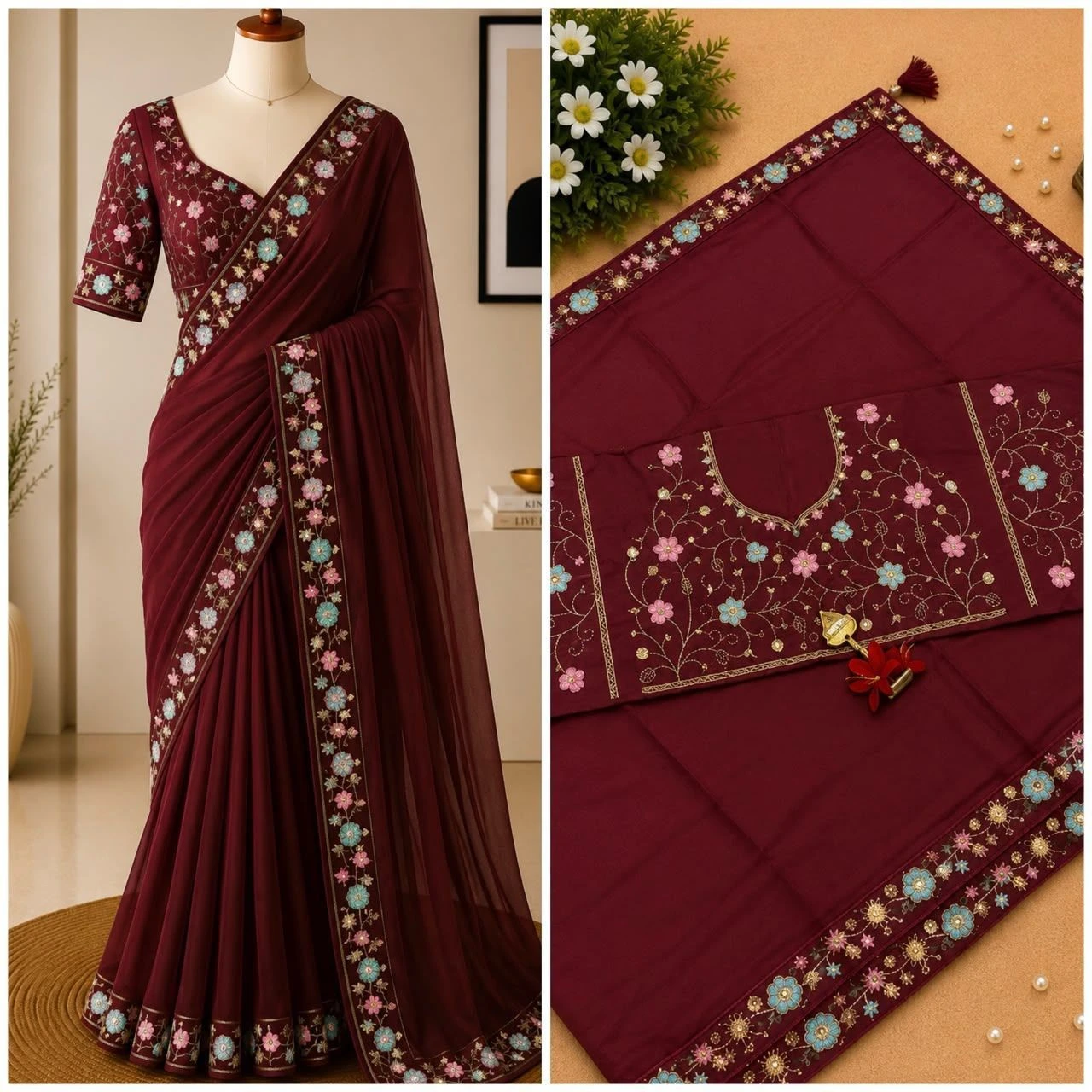 Tryloom Premium Multicolor Embroidery Party Wear Saree – Soft Designer Saree with Scallop Cut Border & Tassel Pallu 6
