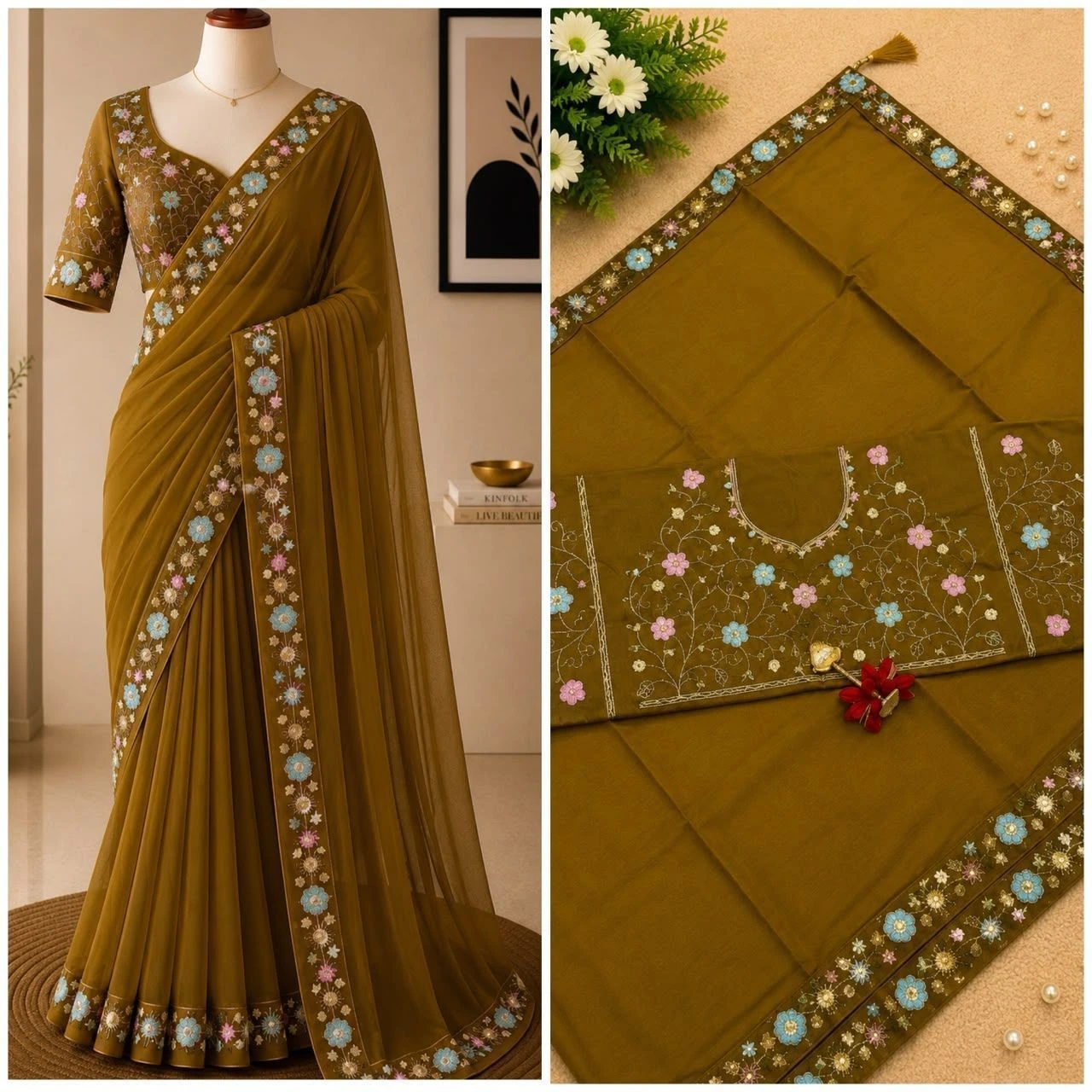 Tryloom Premium Multicolor Embroidery Party Wear Saree – Soft Designer Saree with Scallop Cut Border & Tassel Pallu 7