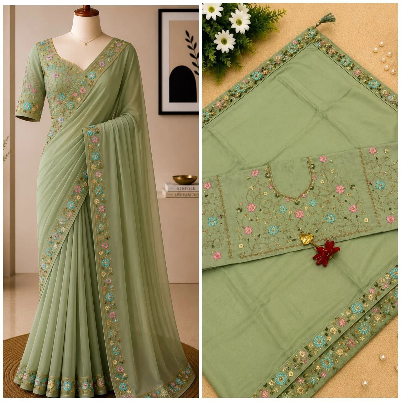 Tryloom Premium Multicolor Embroidery Party Wear Saree – Soft Designer Saree with Scallop Cut Border & Tassel Pallu 8