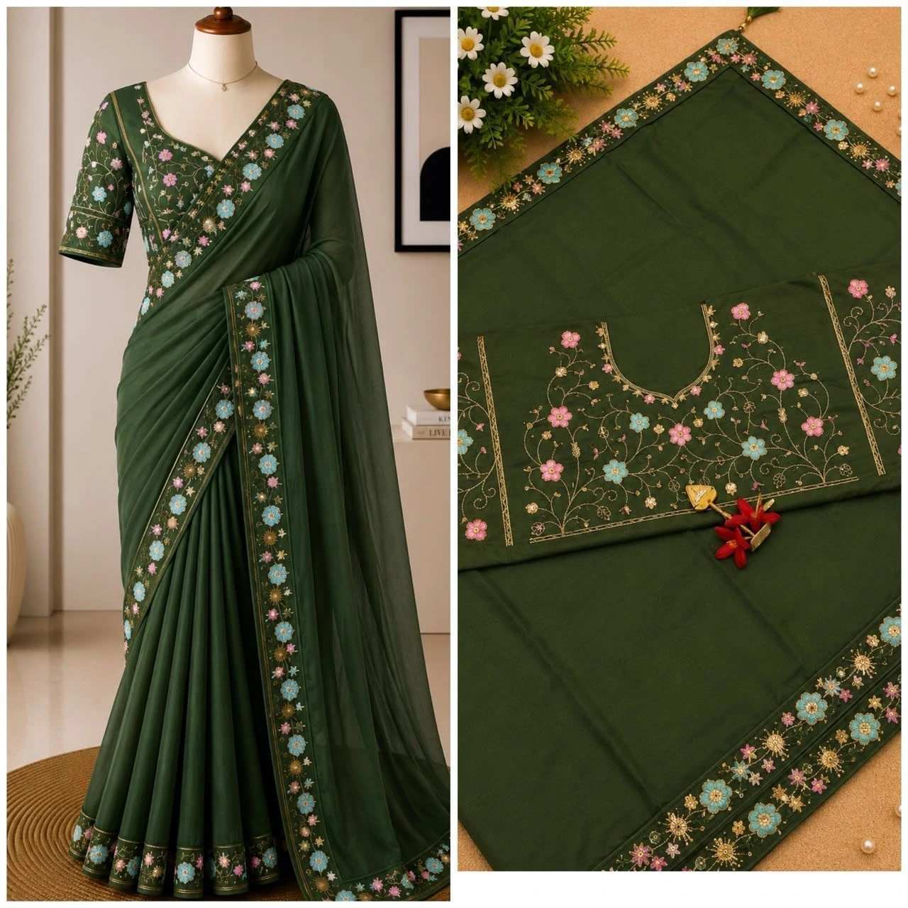 Tryloom Premium Multicolor Embroidery Party Wear Saree – Soft Designer Saree with Scallop Cut Border & Tassel Pallu 9