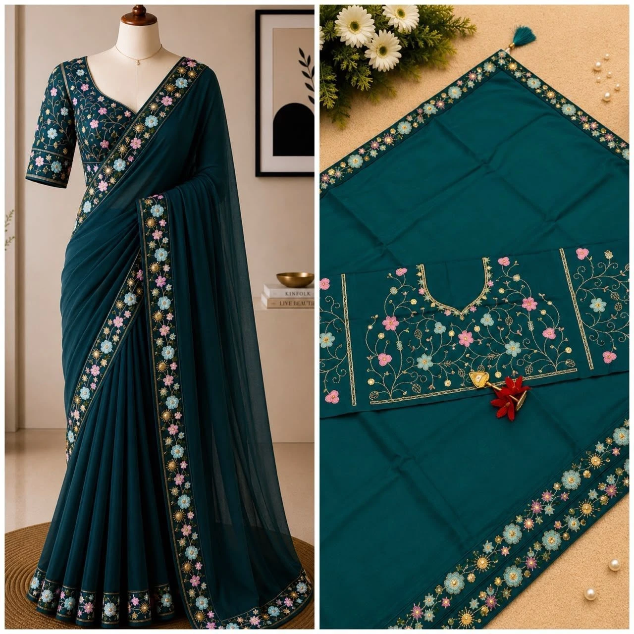 Tryloom Premium Multicolor Embroidery Party Wear Saree – Soft Designer Saree with Scallop Cut Border & Tassel Pallu 10