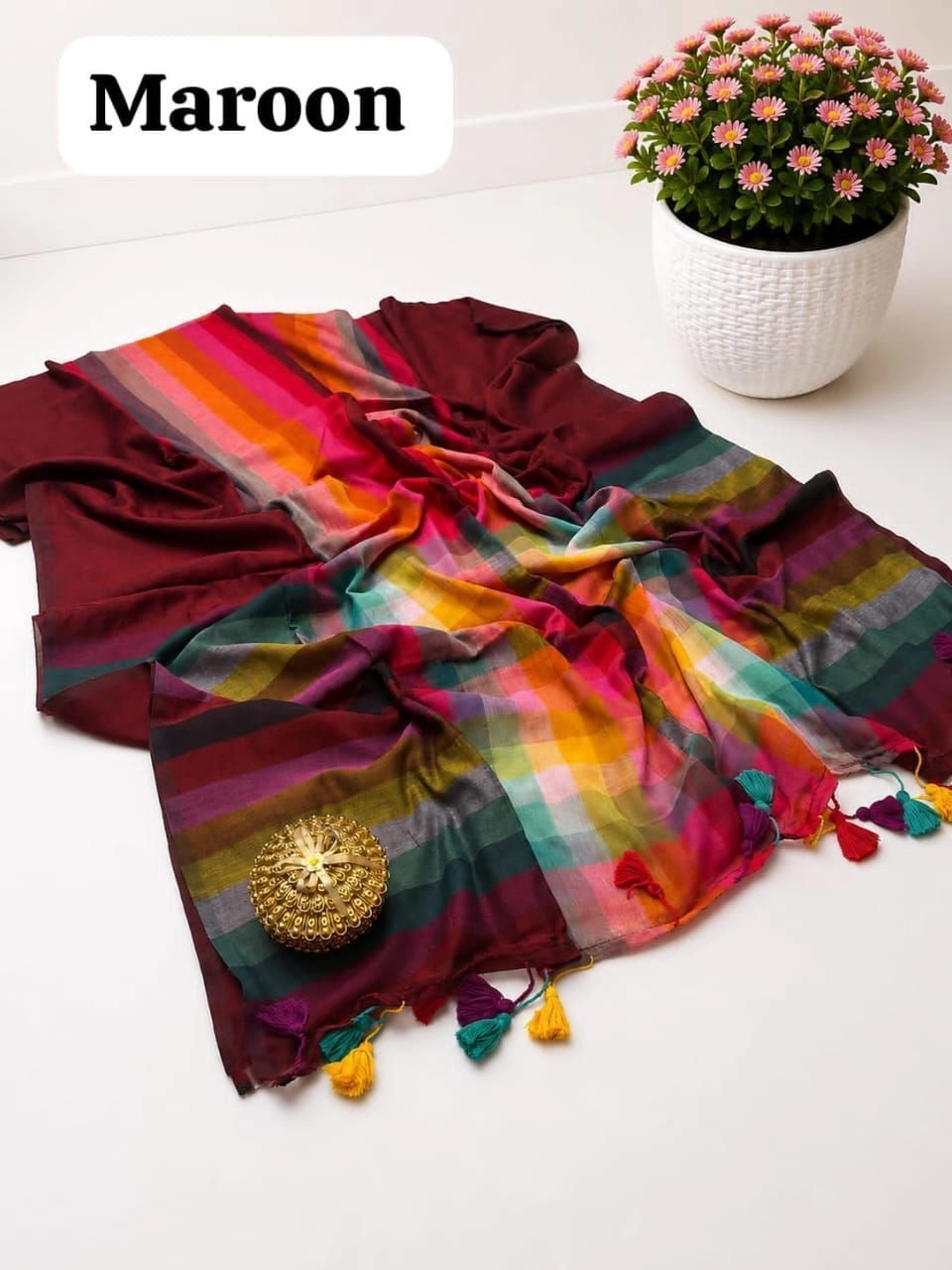 Tryloom Premium Slub Khadi Cotton Multi-Colour Checked Saree – Soft Lightweight Designer Casual & Festive Wear Saree 7