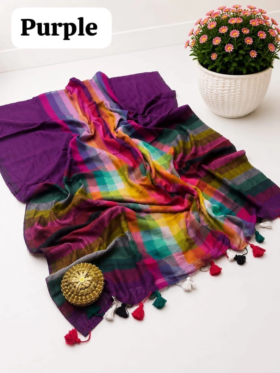 Tryloom Premium Slub Khadi Cotton Multi-Colour Checked Saree – Soft Lightweight Designer Casual & Festive Wear Saree 8