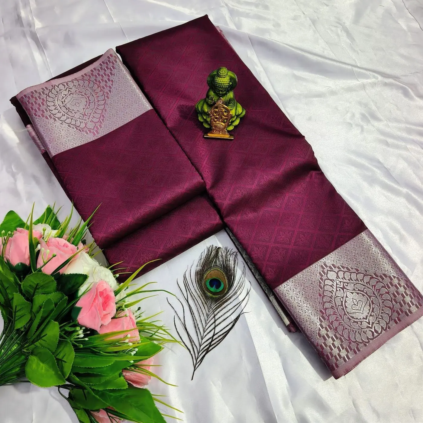 Tryloom 3D Embossed Karizma Silk Saree – Premium Soft Silk Saree with Copper & Silver Zari Designer Border 1