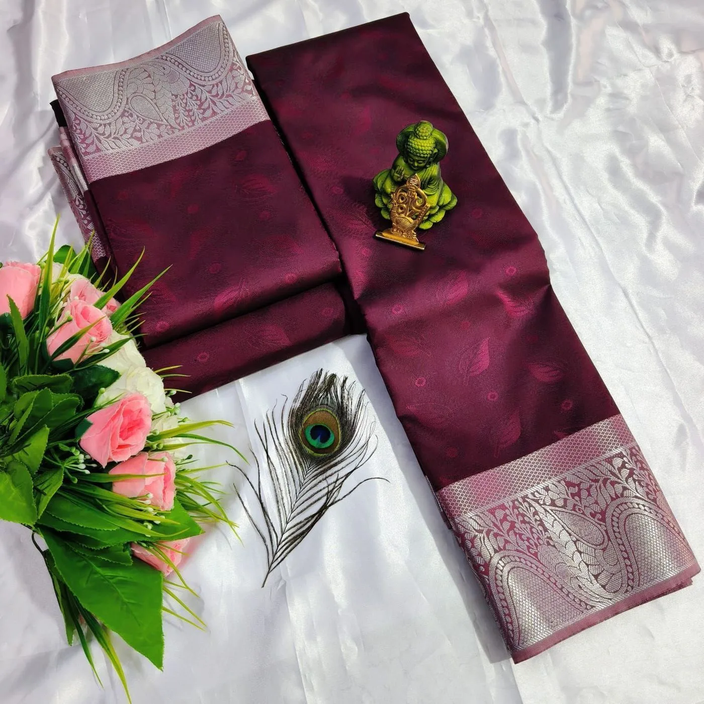 Tryloom 3D Embossed Karizma Silk Saree – Premium Soft Silk Saree with Copper & Silver Zari Designer Border 1