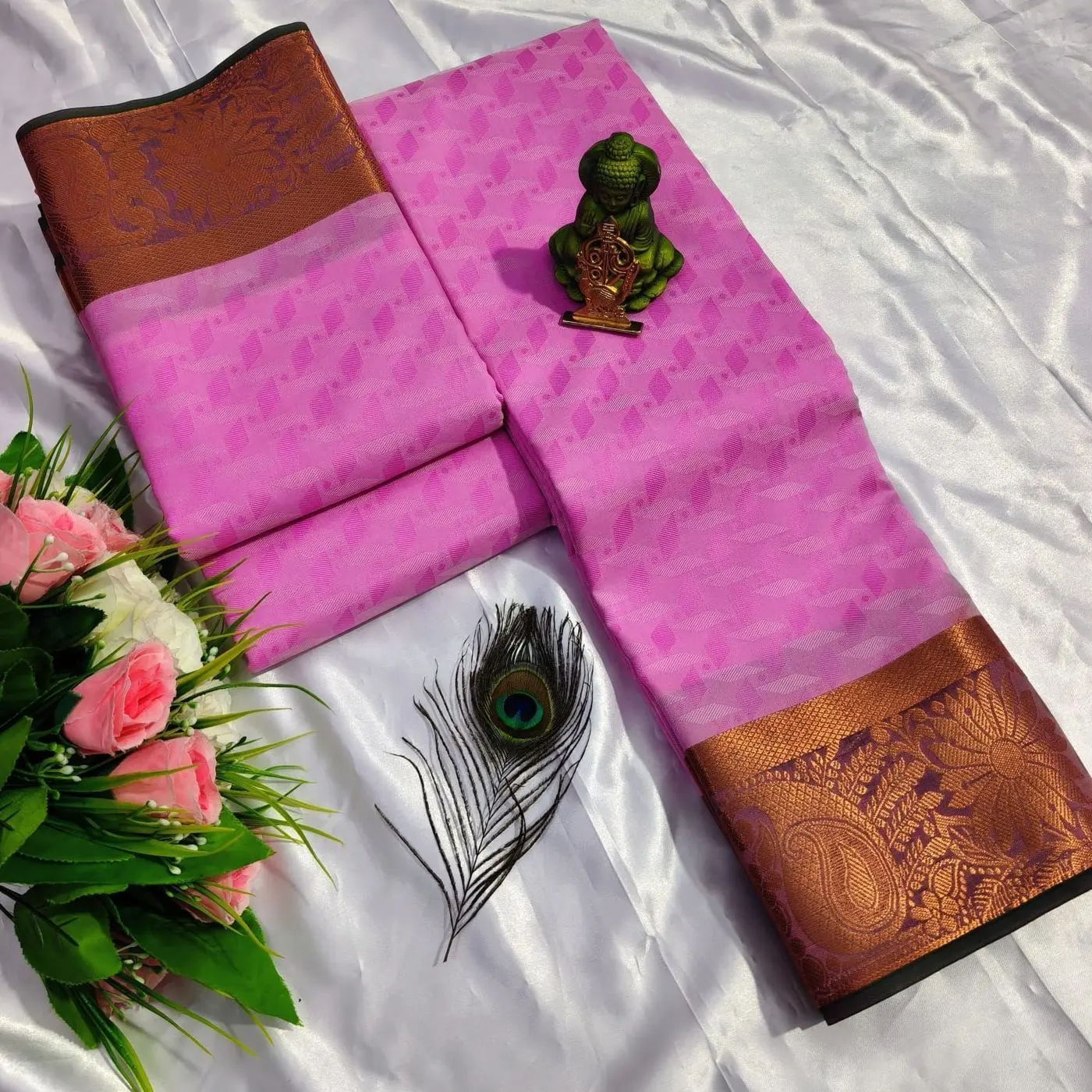 Tryloom 3D Embossed Karizma Silk Saree – Premium Soft Silk Saree with Copper & Silver Zari Designer Border 1