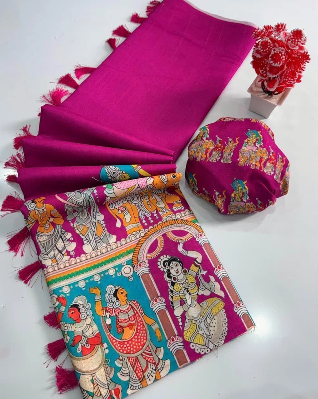 Tryloom Heritage Handloom Tussar Silk Kalamkari Saree – Premium Digital Print Tassel Pallu Saree 1