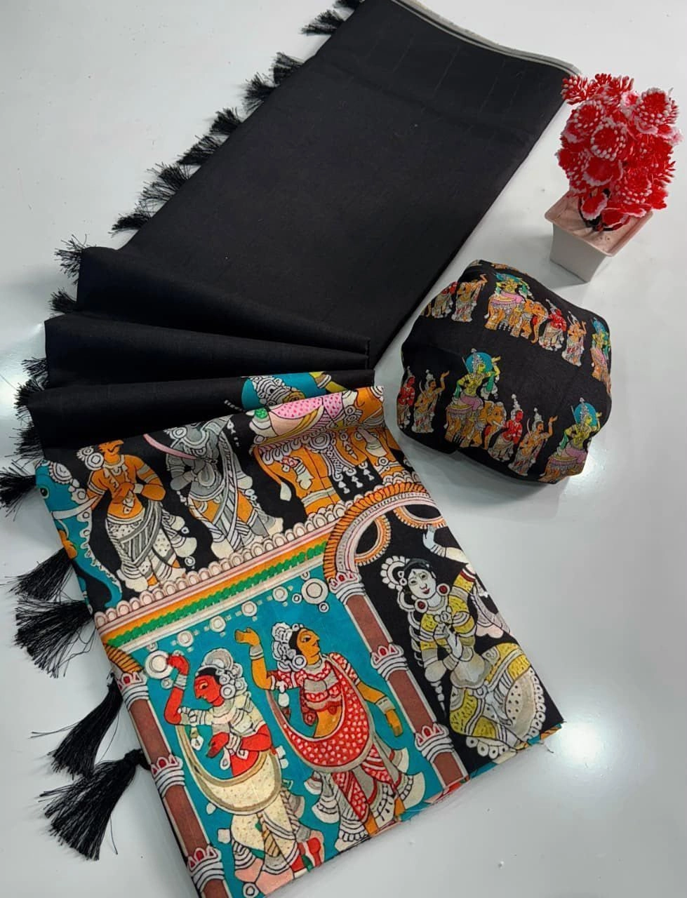 Tryloom Heritage Handloom Tussar Silk Kalamkari Saree – Premium Digital Print Tassel Pallu Saree 2