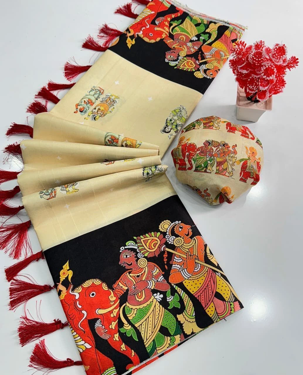 Tryloom Heritage Handloom Tussar Silk Kalamkari Saree – Premium Digital Print Tassel Pallu Saree 3
