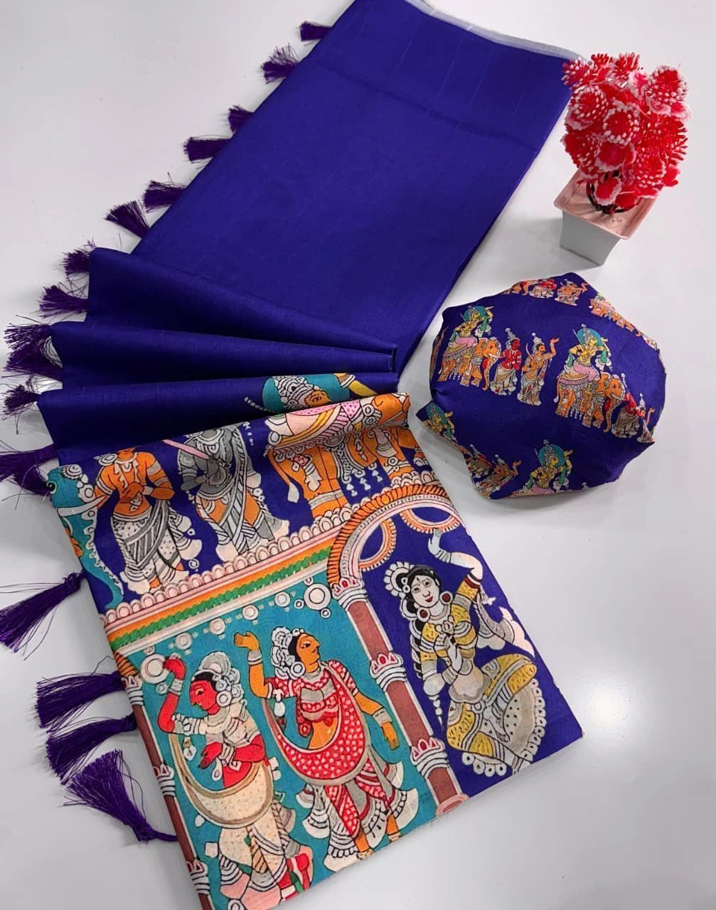 Tryloom Heritage Handloom Tussar Silk Kalamkari Saree – Premium Digital Print Tassel Pallu Saree 4