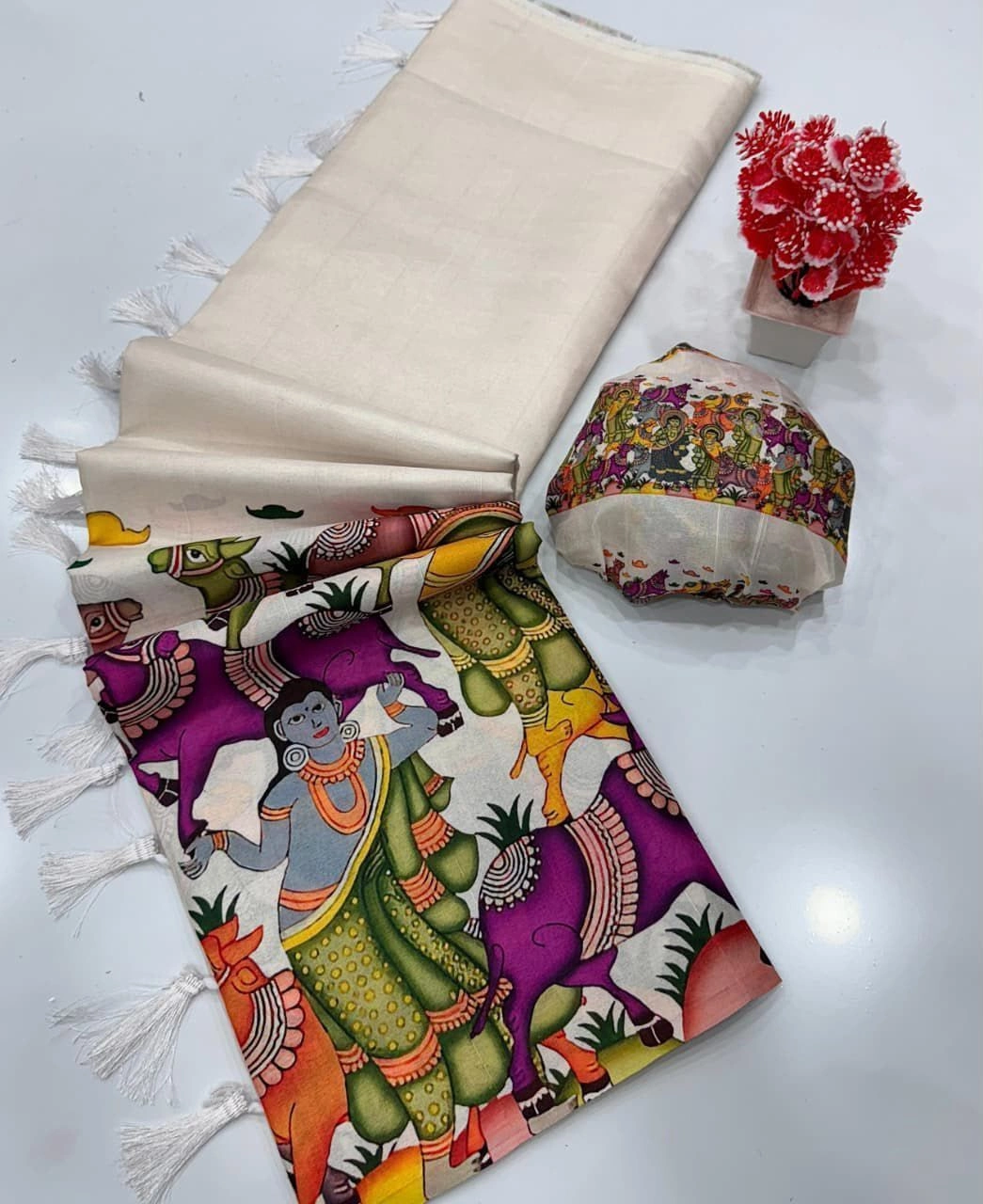 Tryloom Heritage Handloom Tussar Silk Kalamkari Saree – Premium Digital Print Tassel Pallu Saree 5