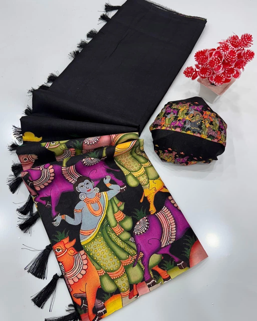 Tryloom Heritage Handloom Tussar Silk Kalamkari Saree – Premium Digital Print Tassel Pallu Saree 7