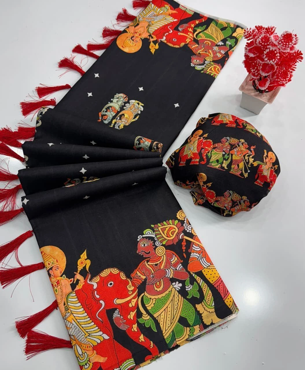 Tryloom Heritage Handloom Tussar Silk Kalamkari Saree – Premium Digital Print Tassel Pallu Saree 8