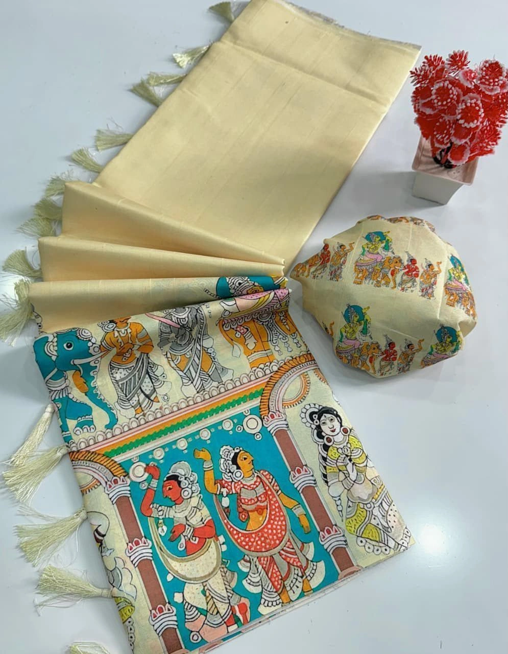 Tryloom Heritage Handloom Tussar Silk Kalamkari Saree – Premium Digital Print Tassel Pallu Saree 9