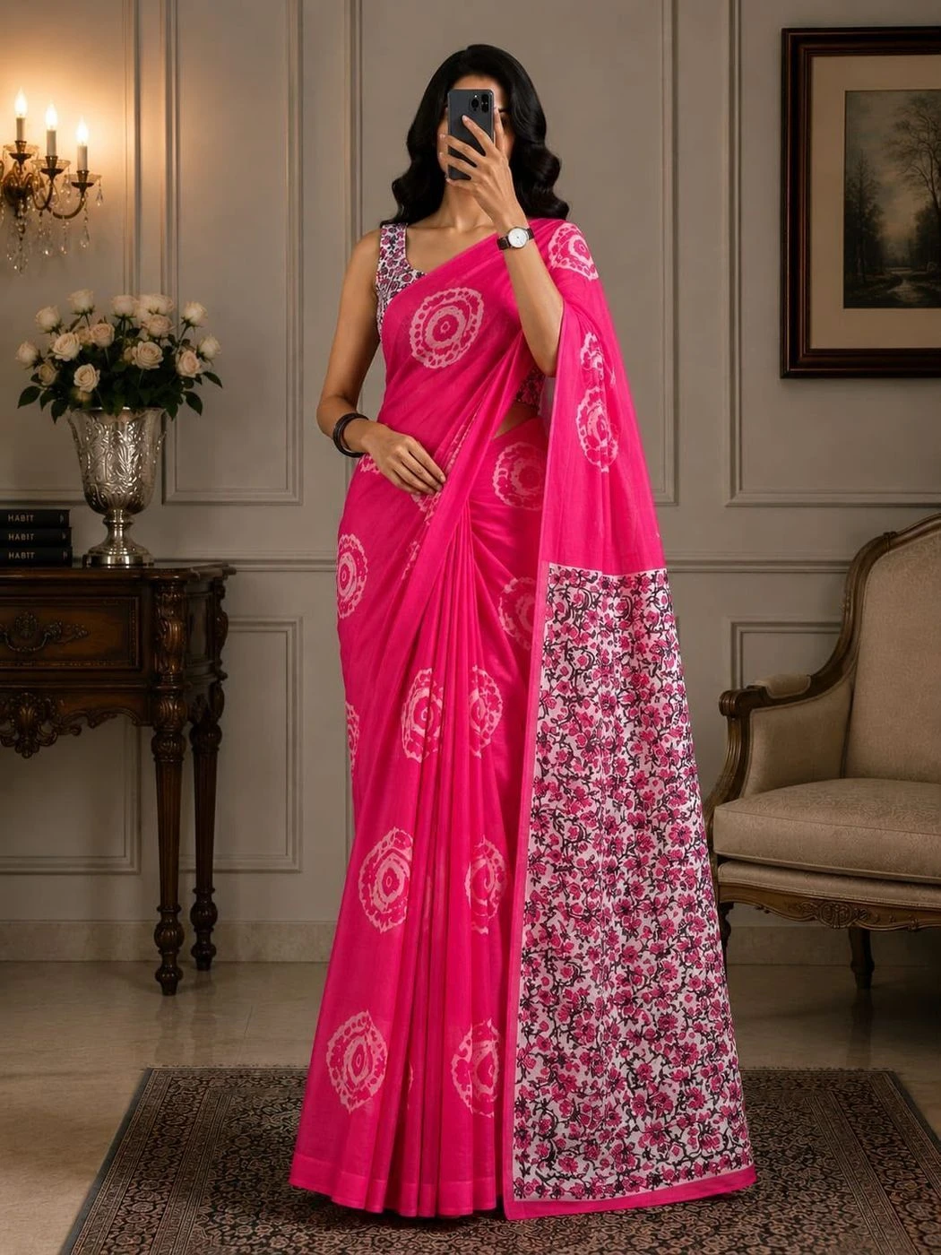 Tryloom Floral Elegance Soft Cotton Linen Saree – Digital Print Designer Saree with Fancy Latkan & Running Blouse 1