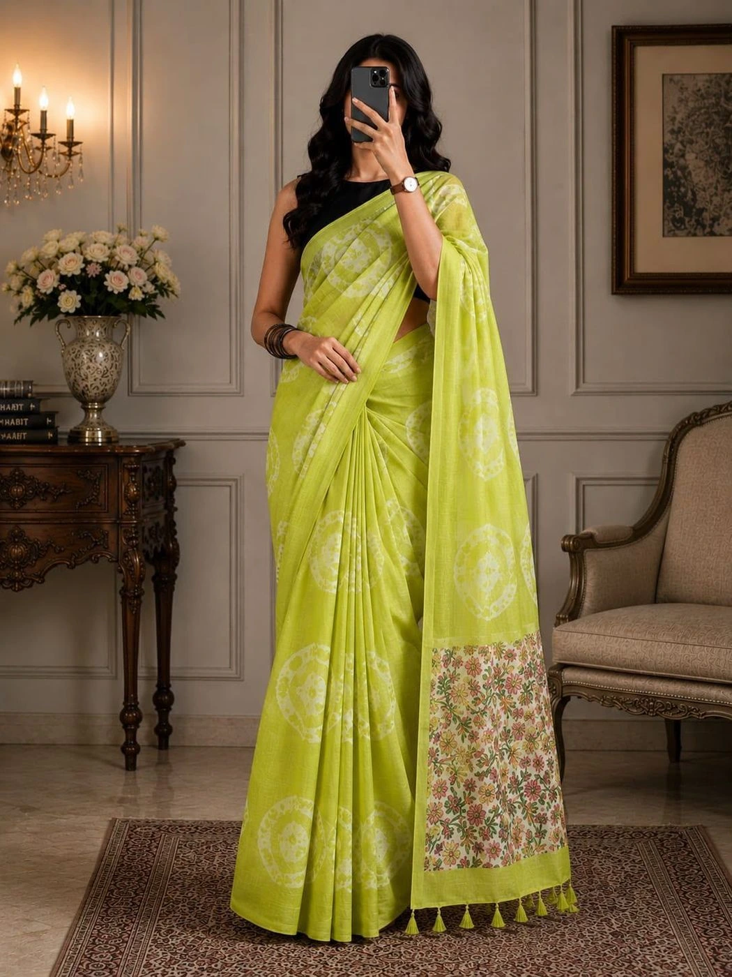 Tryloom Floral Elegance Soft Cotton Linen Saree – Digital Print Designer Saree with Fancy Latkan & Running Blouse 2